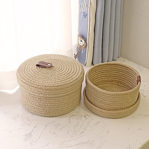 Set of 2 Round Jute Rope Storage Baskets with Lids -Leather Handles- Decorative Woven Organizer Bin for Home, Kitchen, Nursery,Small Basket