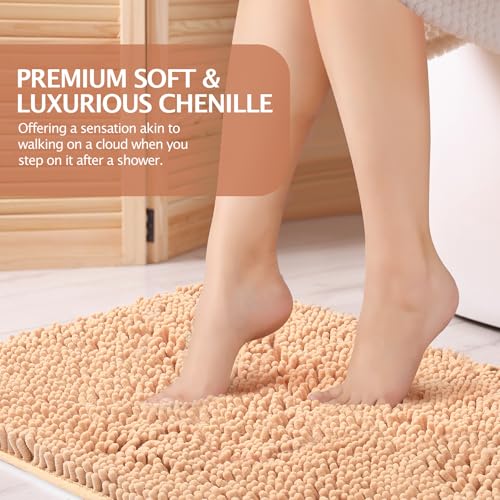 Beige Bathroom Rugs, 47x20 Large Bath Mat & 17x24 Small Bathroom Mat, Soft Chenille Non-Slip Rugs for Bathroom Floor, Tub & Shower, Absorbent and Machine Washable - color: Beige-2