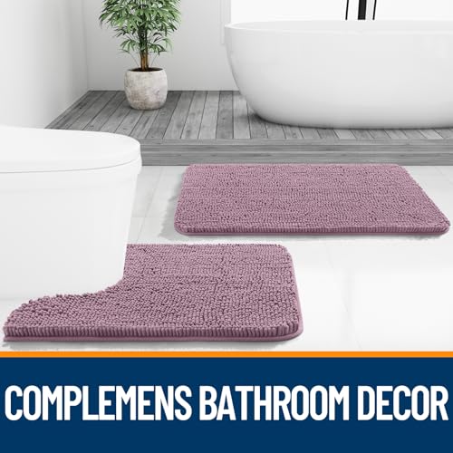 OLANLY Chenille Bathroom Mat and Toilet Rugs U-Shaped, Bath Mat Size 36x24 and Bathroom Rugs Sets Size 30x20+24x20 in Deep Plum, 3 Item Bundle
