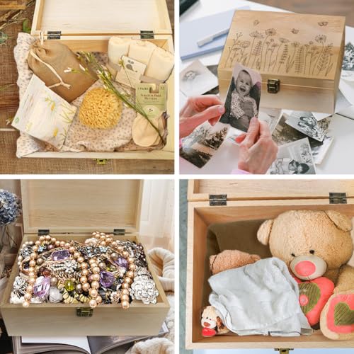 arricraft 1 Pc Wood Memory Keepsake Box, Wildflower Butterfly Bee Memory Box with Hinged Lids Floral Keepsake Chest for Anniversary Birthday Picture Letter Storage 9.6x7.6x4 inch(24.5x19.5x10.3cm)