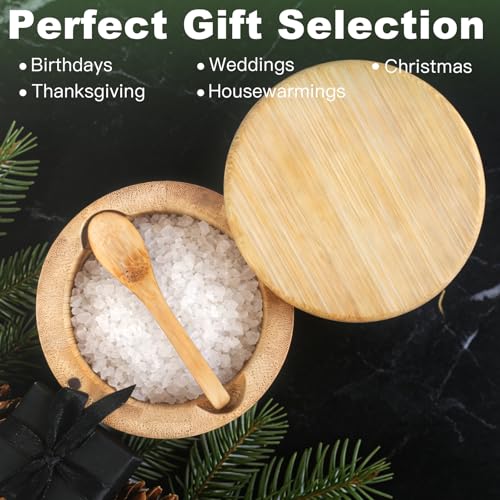 Ninsula Bamboo Salt Cellar, 360° Magnetic Swivel Lid Salt Container with Built-in Spoon for Storing Table Salt, Pepper, Sugar, Sea Salt, Spices, and Herbs