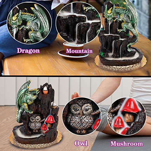 Dragon Backflow 2 Sided Mountain Waterfall Incense Burner,Fountain Smoke Incense Holder with Backflow Incense Cones, Tweezers, Mat,Resin Aromatherapy Meditation (Green) - color: Green