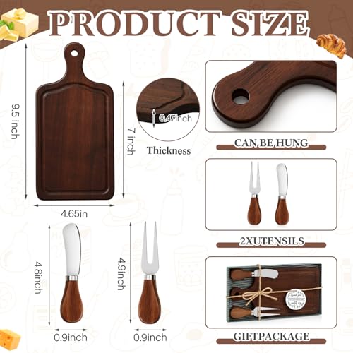 1 Set Bridal Baby Shower Cheese Prizes Wooden Square Board Gift Set Knives Forks Thank You Tags with Box for Guests for Valentines Bridal Baby Shower Housewarming (Walnut Wood) - color: Walnut Color