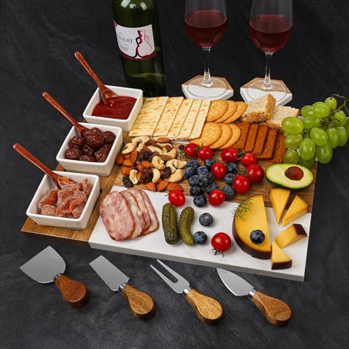 Charcuterie Board Set, Marble Cheese Boards, 15.74“ Wood - Marble Cheese Board Set for Couples 2026, Valentine's Day, Bridal Shower, Housewarming Gifts New Home, Gifts for Women