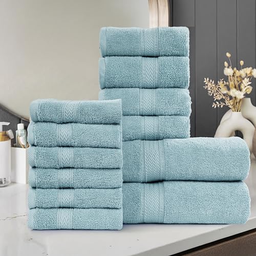 HILLFAIR 12-Piece Cotton Bath Towel Set - 600 GSM - Hotel Spa Towels - 2 Bath, 4 Hand, 6 Washcloths - Absorbent Soft Cotton - Ocean Blue - color: Ocean Blue, size: 12 Piece Towel Set