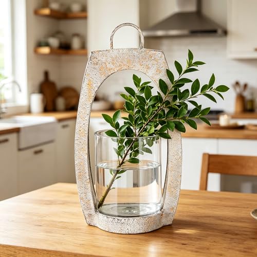 21" Twakutwaku Versatile Farmhouse Arch Metal Lantern in Shabby White with Handmade Thick Glass Candle Holder for Pillars & Plants, Hurricane Lantern, Glass Candlestick Holder, Glass Vase, Garden - color: Shabby White, size: 11"x21"
