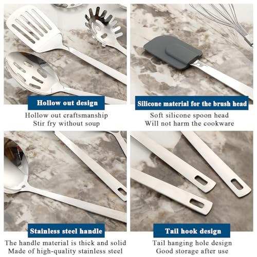 Kitchen Cooking Utensils Set 26 Pieces, Stainless Steel Heavy Duty Sturdy Kitchen Tool Set with Hooks, Metal Spatula & Spoon Set Ergonomic Hanging Handles for All Cooking Tasks