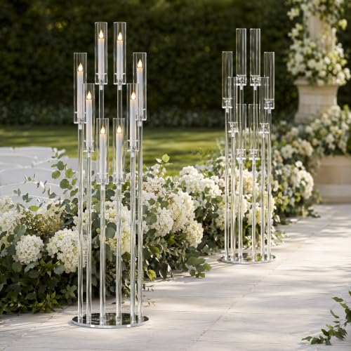 4PCS 8-Arm Acrylic Candelabra Centerpieces for Tables, Sturdy Solid Rods 45.6" Tall Floor Candle Holders Set with Shades for Wedding Birthday Party Anniversary, Clear
