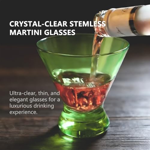 Set of 6 Martini glass 9 oz Stemless Glasses,Heavy Base Stable Cocktail/Drink/Juice/Red Wine Glasses,Fits Ice Cream/Milkshakes,Dishwasher Safe,Ideal Gift for Home Party (Green) - color: Green