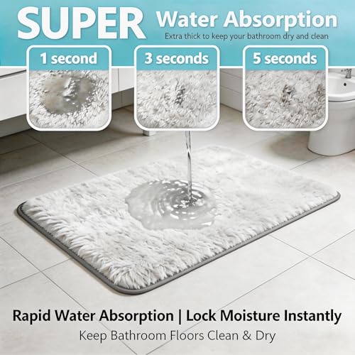 Shaggy Bathroom Rugs Set Plush Velvet Bath Rugs Non-Slip Bath Mat Set 3 Piece,Washable Mats,Absorbent Shaggy Rugs Super Soft U-Shaped Toilet Rug,Bahroom Carpets for Bathroom,Tub,Shower(White - color: White