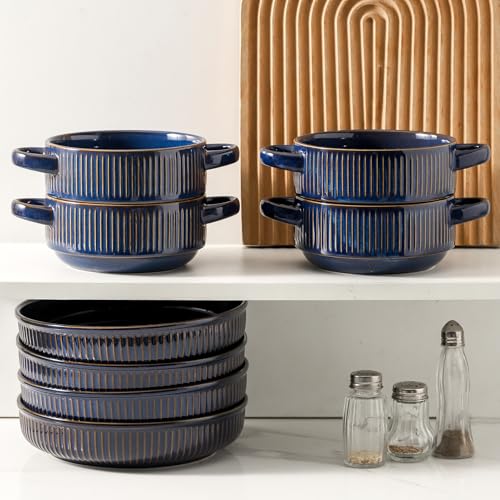 Soup Bowls with Handles, 23 oz French Onion Soup Crocks, Stackable Soup Bowl Oven Safe for Chili, Beef Stew, Embossment Ceramic Bowl Set - 5.4 Inch, Set of 4,Blue - color: Blue