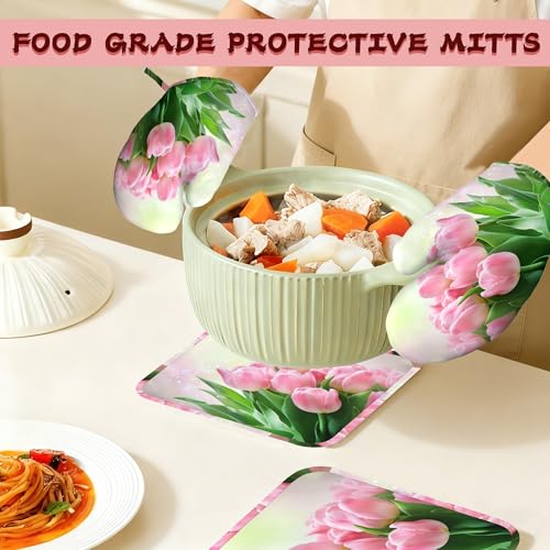 Pink Tulips Romantic Silicone Oven Mitts and Pot Holders,Heat-Resistant 4 Piece Kitchen Set Non-Slip Oven Gloves and Hot Pads for Cooking, Baking, Grilling,BBQ - color: Pink Tulips Romantic