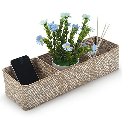 Whitewash Seagrass Storage Basket Woven Shelf Baskets for Bathroom Vanity Dresser Organizer 14.6inch x 4.7inch x 3.1inch - color: 3 Sections without Lid White