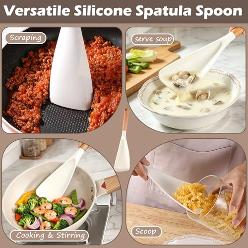 Cooking Spoon for Nonstick Cookwares, Multifunction Spatula Spoon, Great for Both Cooking and Serving, Wood Handle Spoon for Stirring, Mixing, Serving (2, WHITE) - color: White