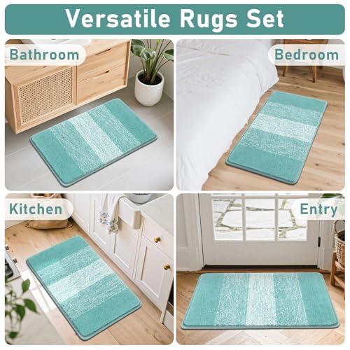 Bsmathom Bathroom Rug Set 4 Piece, Plush Microfiber Bath Mat, Teal | Extra Water Absorbent, Non Slip Washable Runner Bath Rugs with Toilet Lid Cover and U-shaped Contour Toilet Mat - color: Teal, size: 18"x26"+18"x48"+U20"x24"+Cover19"x21"