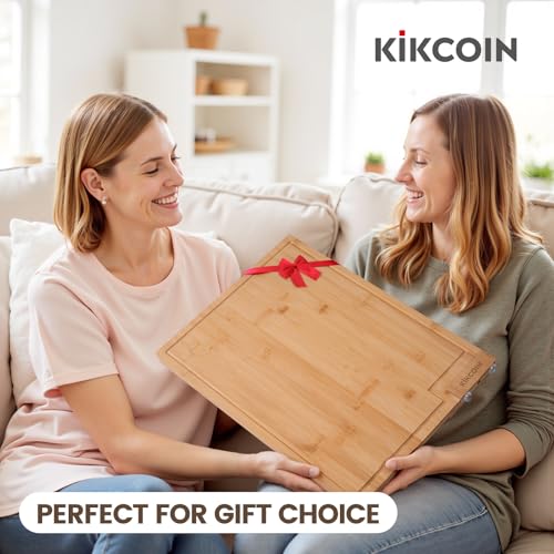 Kikcoin Bamboo Cutting Boards for Kitchen, Extra Large Wood Cutting Board with Rotating Kickstand & Juice Groove, Wooden Chopping Board for Meats Veges Fruits, Heavy Duty Serving Tray, 17 x 11.3 inch - size: 17"L x 11.3"W