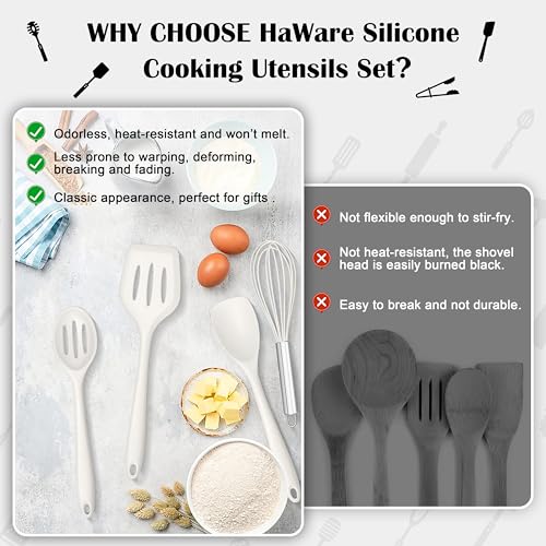 HaWare Kitchen Utensils, 14 PCS Silicone Cooking Utensils Set, Heat Resistant Kitchen Utensils for Non-stick Cookware, Kitchen Gadgets Tools with Spoons, Spatulas, Whisk, Dishwasher Safe (White) - color: White