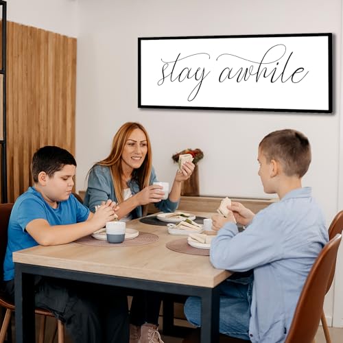 Rutiyoka Stay Awhile Sign Framed Farmhouse Dining Room Wall Decor Large 42"×15" Wood Kitchen Wall Art Black - color: stay awhile (black frame)