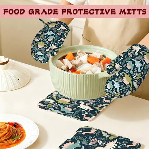 Cute Dinosaur Heat-Resistant Silicone Oven Mitts and Pot Holders 4 Piece Set,Extra Long Non-Slip Kitchen Oven Gloves for Cooking, Baking, BBQ,Grilling - color: Cute Dinosaur