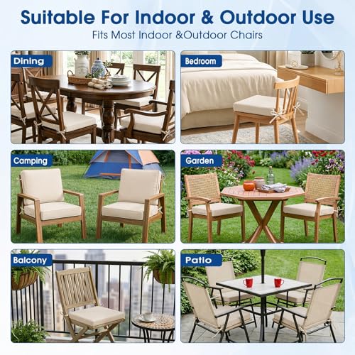 Outdoor Chair Cushions Set of 4, 19x19 Waterproof Patio Pads, Beige | Fade resistant fabric with ties, handle and 3-inch foam for dining seats, decks, porches, gardens and hard seating - color: Beige