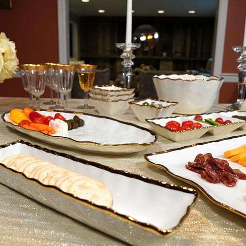 Regency Gold 19.5-Inch Porcelain Oval Fish Platter with Scalloped Edges & Metallic Gold Rim, Elegant Serving Platter for Fish, Appetizers & Side Dishes, Ideal for Entertaining, Everyday