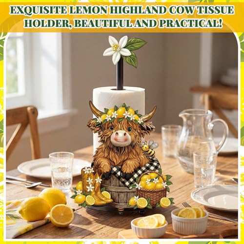 Lemon Highland Cow Paper Towel Holder Lemon Cattle Kitchen Bathroom Decor Farmhouse Large Metal Highland Cow Yellow Towel Holder Stand with Round Base for Home Countertop Accessories Gifts - style: Lemon