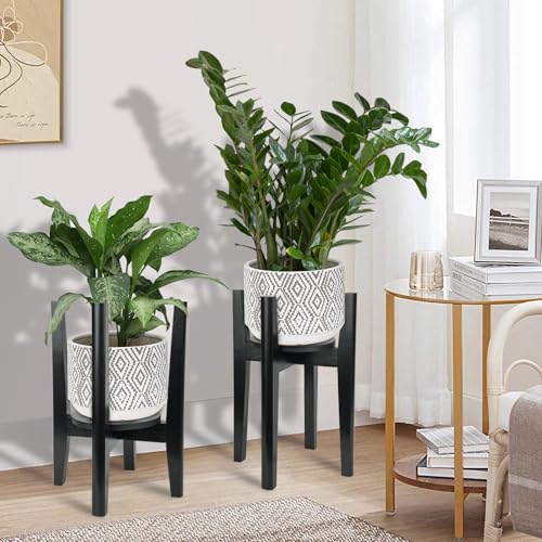 2 Packs Adjustable Plant Stand with Tray,Indoor Wood Plant Stand Fit 8'' to 12'' Planter,Mid Century Modern Flower Pot Holder Rack(Plant and Pot Not Included) Black - color: Black, size: 2 PACKS