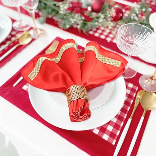 12 Pack Cloth Napkins and Gold Napkin Rings Set of 6, 17x17 Bling Trim Satin Cocktail Napkins Cloth Washable Personalized Dinner Napkins for Wedding Party Holiday Decorative | 17x17 Inch Personalized Red Napkins Set, Washable Fancy Dinner & Cocktail Napki