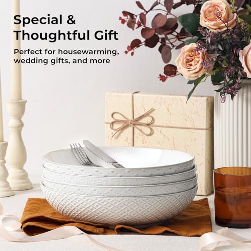 Y YHY Large Pasta Bowls, 45 oz Embossed Salad Bowls for Serving Soup, Noodle, Dessert, Dinner, Kitchen Deep Plates, 9.75" Porcelain Shallow Bowls, Soft White Dishes for House-warming Wedding Present - size: 9.75 IN