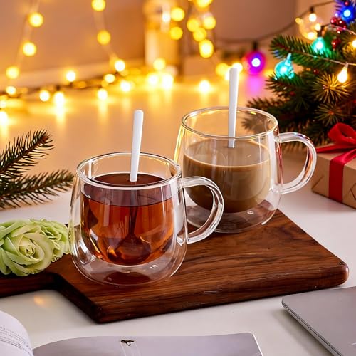 Double Wall Glass Coffee Mugs 10 Oz with Handle - Set of 2 | Insulated Clear Espresso Coffee Mug with Handle, Double Walled Coffee Cups for Cappuccino, Latte, Tea, Hot Drinks - color: 2 Packs