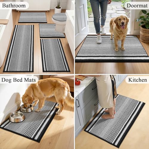 HEBE Chenille Bathroom Rugs Sets 3 Piece, Non Slip Washable Bath Mats Set | Absorbent Bathroom Mat Set, Soft Bath Rugs, Ultra Plush Bath Mat and U-Shaped Contour Toilet Rug Set for Tub Shower, Black - color: Black