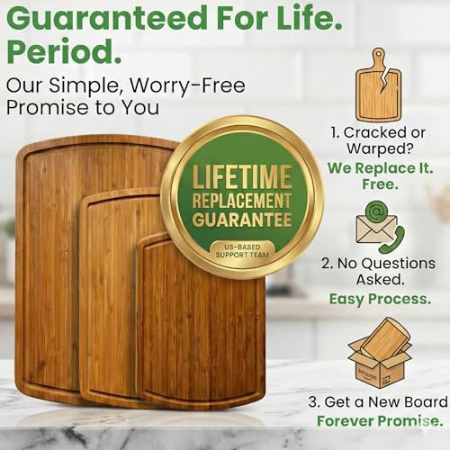 LUXURIOUS Bamboo Cutting Board 3-Piece Set with Carbonized Vertical Grain Strength Technology - Extra Large Wooden Cutting Boards for Kitchen with Deep Juice Grooves - Lifetime Replacements - color: Carbonized Dark Brown