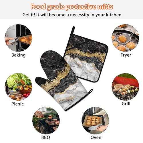 Black Gold Oven Mitts and Pot Holders Sets Marble Kitchen Accessories of 4 Heat Resistant Oven Gloves Hot Pads with Non-Slip Silicone Surface for Chef Cooking Baking - color: Black & Gold