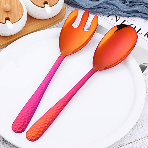 Salad Spoon and Fork Set, 12 Inch Stainless Steel Salad Server, Magic Red Serving Utensils, Pack of 2 - color: Orange Red