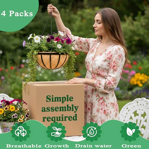4 Pack 12 Inch Hanging Planters for Outdoor Plants Metal Hanging Planter Basket with Coco Coir Liner Round Plant Black Flat Iron Metal Flower Pots for Deck Patio Porch Garden Balcony - size: 12 Inch