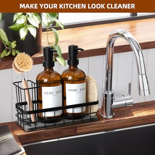 Dish Soap Dispenser for Kitchen, 16.9 fl oz Amber Hand and Dish Soap Dispensers, Kitchen Soap Dispenser Set with Sponge Holder, Brush Holder and Loofah Sponge, Countertop Sink Organizer Accessories - color: Amber