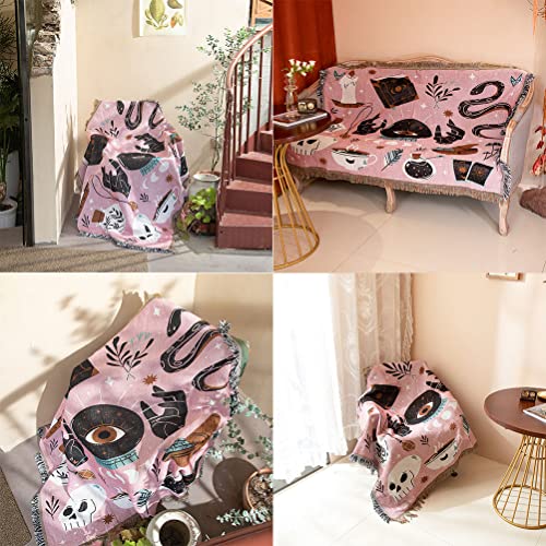 Divination Tarot Card Snake Skull Devil Eyes Throw Woven Blanket with Tassel for Home Decoration Chair Couch Sofa Bed Beach Travel Picnic Cloth Tapestry Shawl Cozy Cotton (Pink 63×51 Inches)