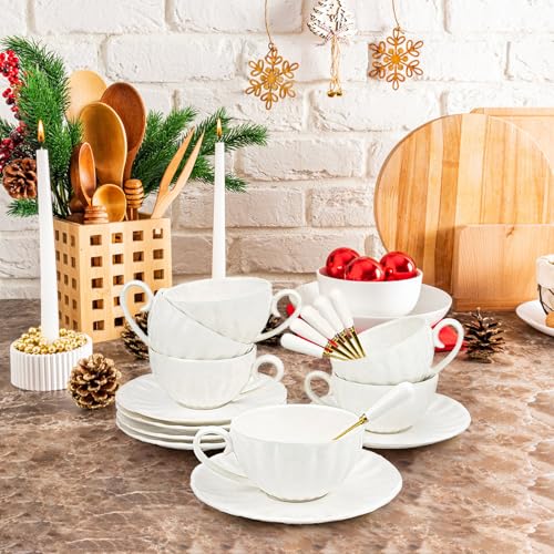 Yesland Set of 6 Royal Tea Cups and Saucers, 6 oz White Porcelain Tea Set & British Coffee Cups, White Latte Cups and Espresso Mug for Specialty Coffee Drinks, Latte, Cafe Mocha, Tea