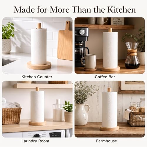 Wooden Paper Towel Holder for Countertop, Solid Beech Wood Stand with Non-Slip Base, Fits Standard Kitchen Rolls, Easy Assembly, Farmhouse Paper Towel Dispenser - size: Standard, style: Classic Beech