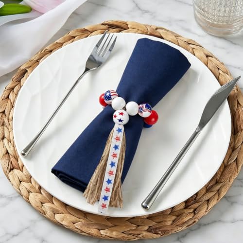 4th of July Wooden Bead Napkin Rings, Patriotic US Flag Star Striped Tassel Napkin Holders, Red White Blue Independence Day Table Decor for Memorial Day Labor Day BBQ Party, Set of 8 Napkin Holders