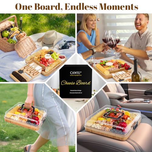 Bamboo Charcuterie Board Set with Lid, Drawer and Fruit Tray, Black | Includes serving utensils for easy entertaining; a thoughtful gift for housewarmings, weddings, birthdays and bridal showers. - color: Black