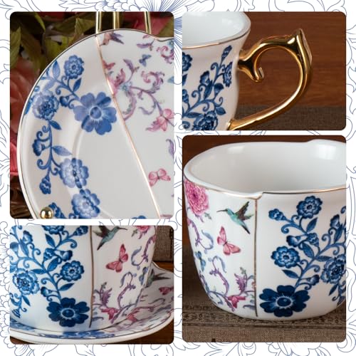 KAMMAK Tea Cups and Saucers Set of 2, 8 oz Porcelain Coffee Cups, YX018 | Stackable Espresso Mugs, Ceramic Demitasse for Coffee, Cappuccino, Latte, Americano, Tea - size: 8CZYX018