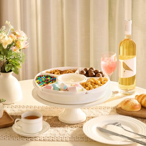 Lifewit Rotating Chips and Dip Serving Dish, Plastic Divided Serving Tray | 5 Section Veggie Tray for Party, Food Serving Platter for Entertaining, Lazy Susan Organizer for Fruit, Snack, Taco, Cheese