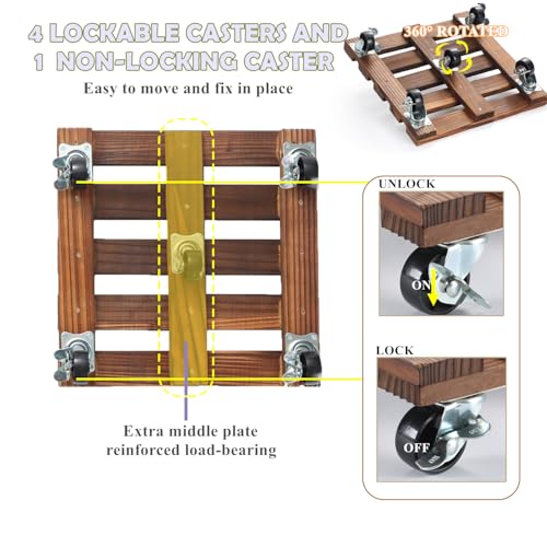 2 Pack Plant Stand with Wheels, 14" Rolling Plant Stand 264 LBS Heavy Duty Wooden Square Plant Caddy with Metal 360° Lockable Caster Wheels for Outdoor Indoor Large Plant Pots, Flower Pot, Patio - size: 14"- 2pack