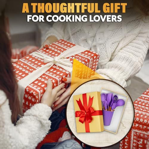 12 Pcs Purple Kitchen Accessories Set with Holder, Silicone Heads | Purple Kitchen Utensils Set for Cooking and Baking; Wooden Handles; Heat-Resistant up to 446°F; Non-Scratch for Nonstick Pans - color: Purple