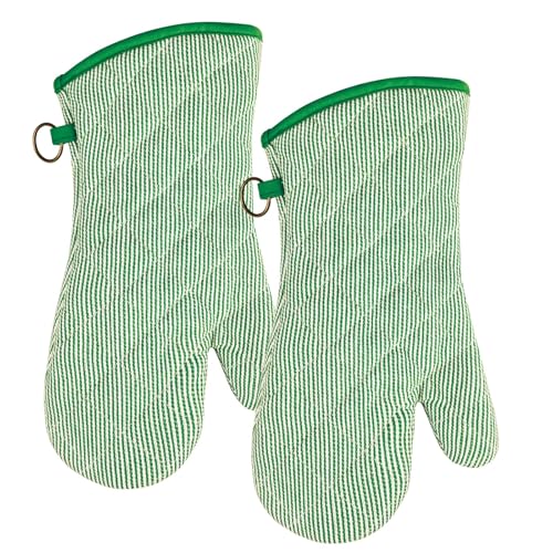 Yarn Dyed Oven Mitts 1 Pair, 100% Cotton Heat Resistant 470 Degree | Oven Gloves for Men Women Cooking Baking Barbecue BBQ Microwave Crafting Machine Washable Pot Holders Mittens (Green 2) - color: Green
