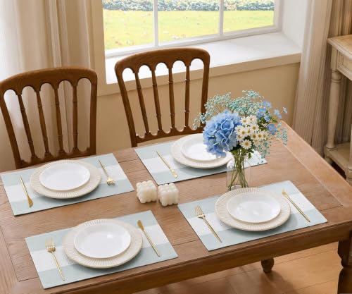Wracra Linen Placemats Set of 4, Aqua Blue Place Mats for Kitchen Table | Macrame Placemats 12 x 18 Inch, Heat Resistant Table Mats, Premium Cotton Linen Woven Fabric, Delicate Splicing Designs - color: Aqua Blue, size: 12×18 Inch (Set of 4)