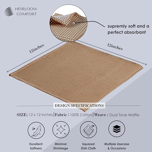 12 Pack Dual Waffle Weave Dish Cloth, 100% Cotton, 12"x12", Super Absorbent, Quick Dry Dishcloth Set, Soft for Cleaning, Drying Dishes, Multi Use, Durable Hand Dish Rag, Brown - color: Brown