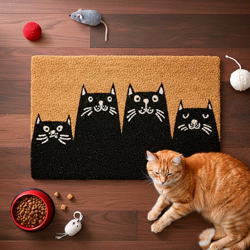 Fisura – Doormat for Outdoor Entrance with Cats Design, Welcome Mat for Front Door Made of Coconut Fiber with Non-Slip PVC Base, Hand-Painted, 30 x 18 Inches. | Doormat with non-slip PVC backing. Black interior doormat. Entrance rug with fun shape. 60 x 4