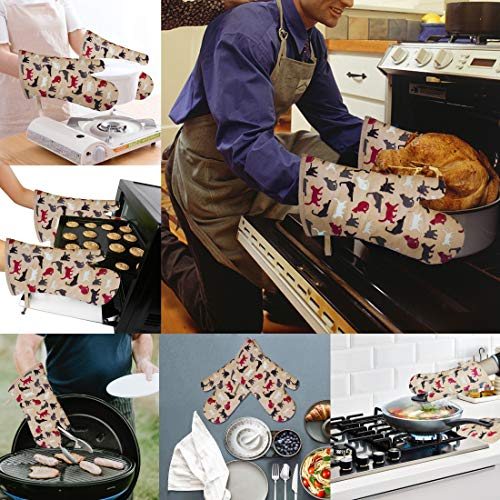 Oven Mitts 1 Pair, Non Slip Clear Silicone Printed Rooster Kitchen Gloves | Heat Resistant 480 ℉ Comfortable Cotton Lining Kitchen Men Cooking Barbecue Machine Washable (Cat, Khaki Mittens) - color: Cat, Khaki Mittens